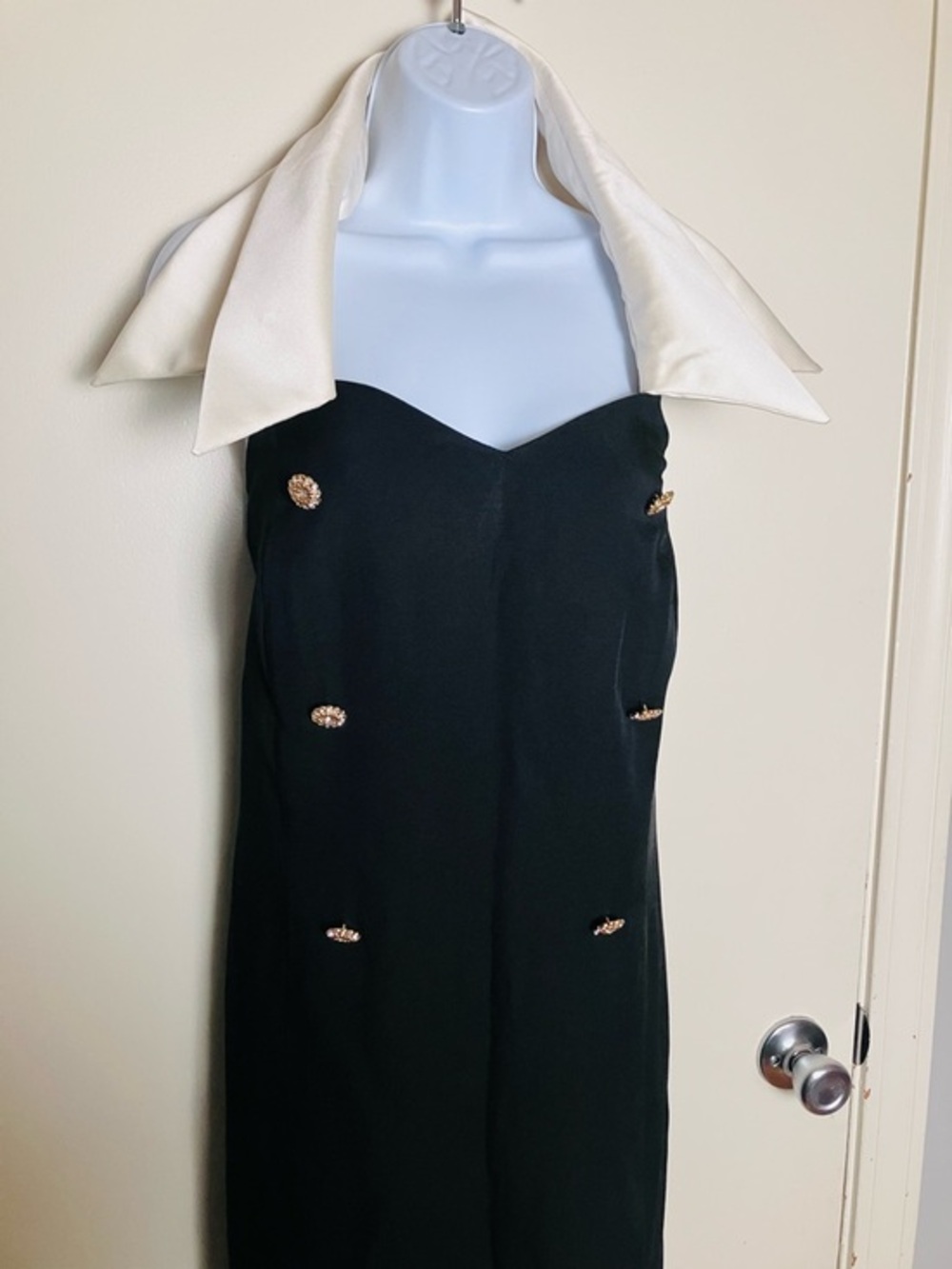 Vintage 80s Betsy & Adam Black Halter Cocktail Dress Ivory Collar Size 24w - Picture 2 of 5